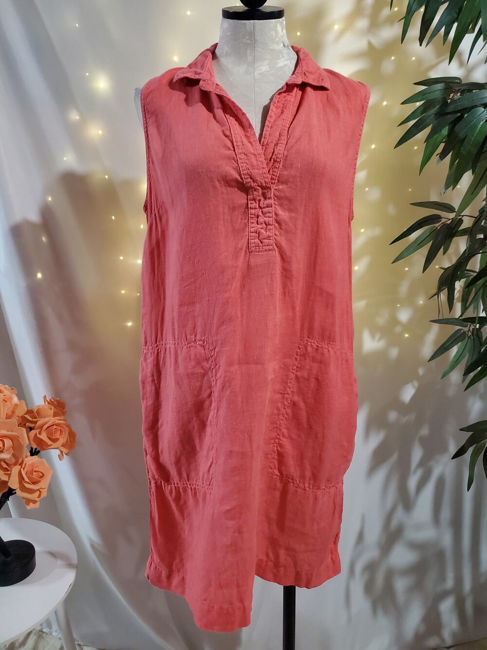 C&C California 100% Linen Collared Sleeveless Pocket Dress Size 8 Coral Pink